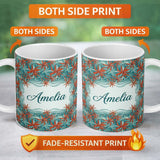 Personalized Custom Name Bold Red Floral Starburst Teal Background Seamless Pattern Lovely 11oz Ceramic Coffee Tea Mug White Large Handle