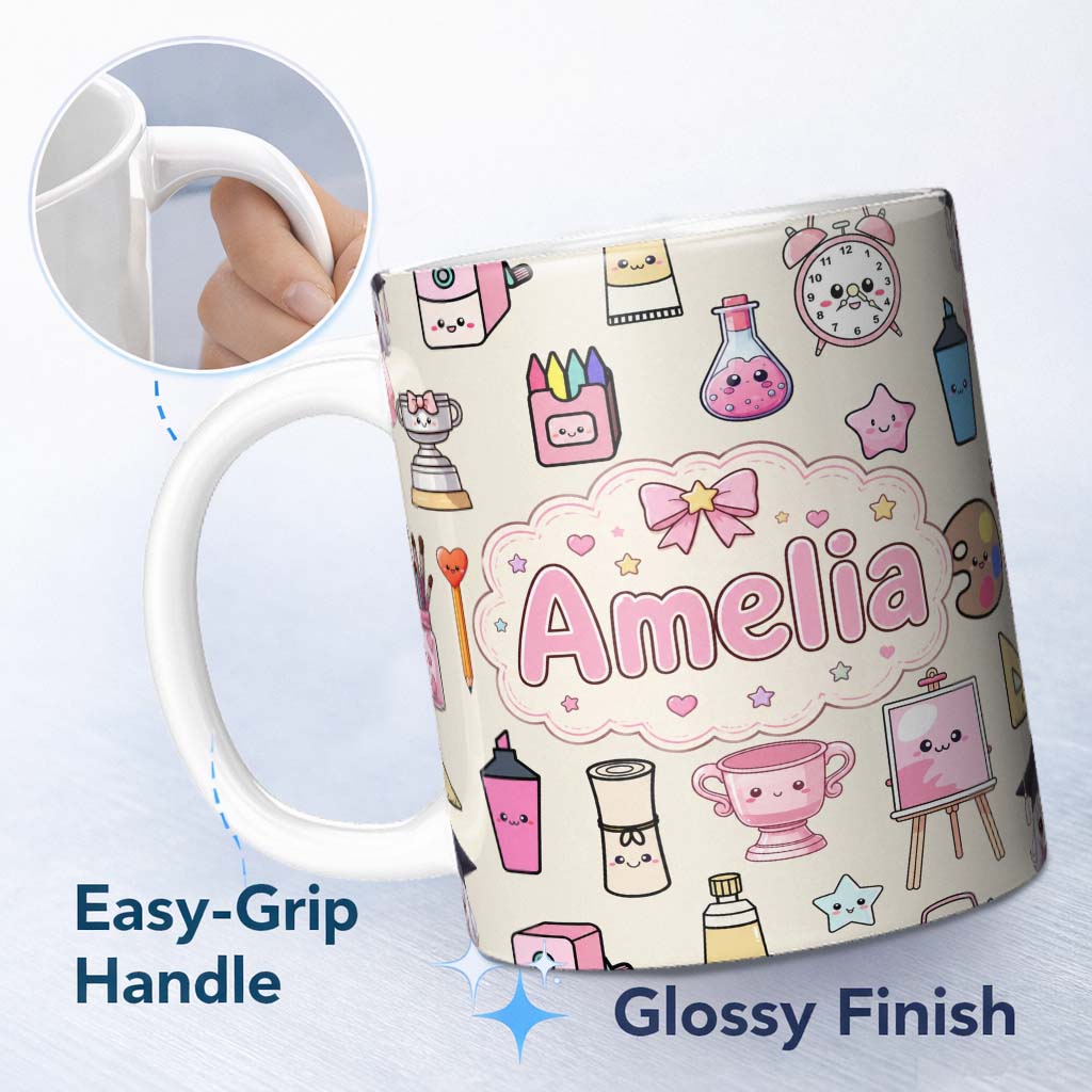 Personalized Custom Name Cute Kawaii Graduation Student Art Supplies Neutral Seamless 11oz Ceramic Coffee Tea Mug White Large Handle