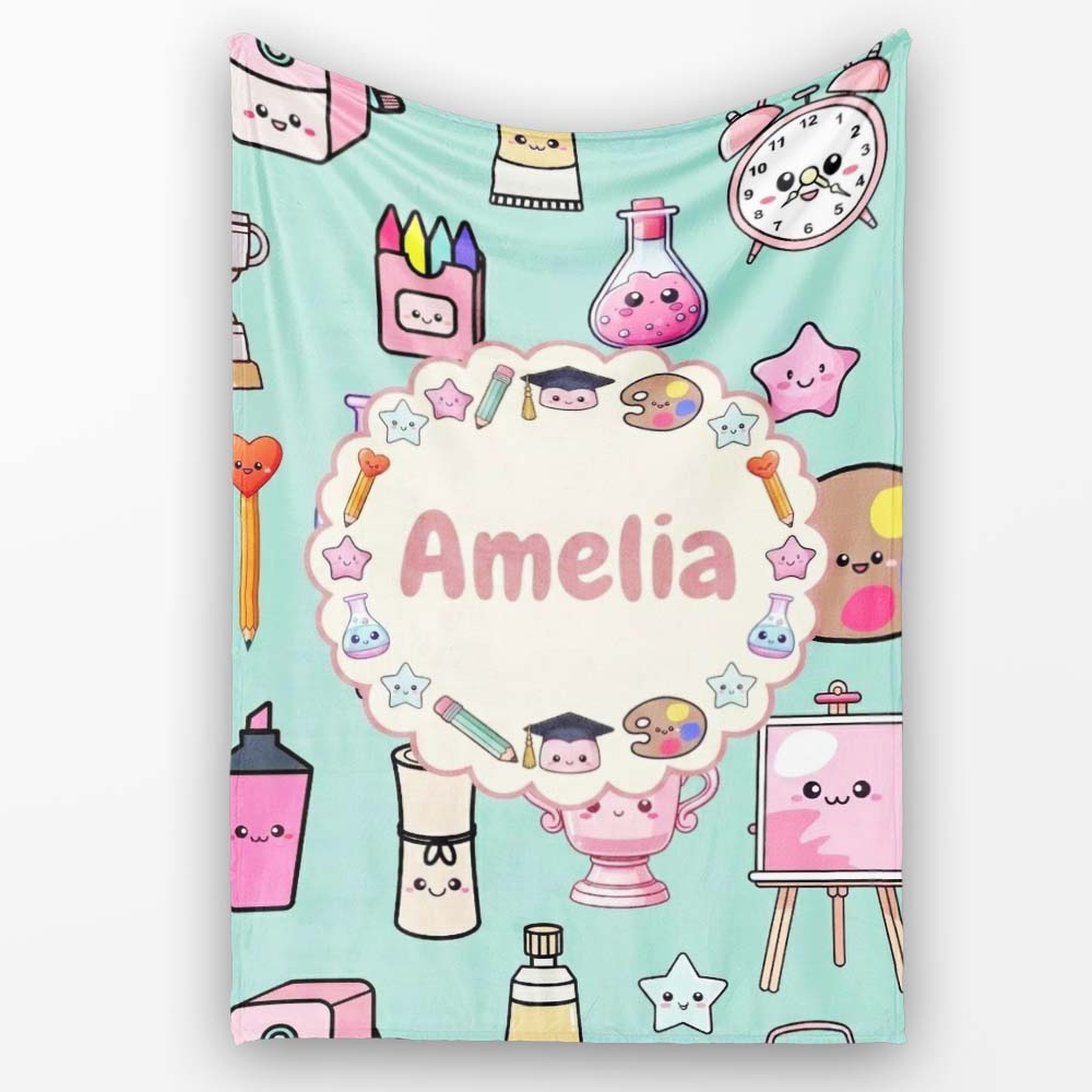 Cute Kawaii Graduation Student Art Supplies Seamless Pattern Name  Personalised Custom Name Super Soft Fleece Blanket Bed Sofa Throw
