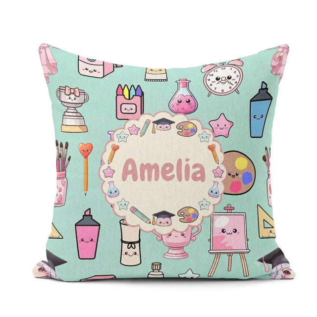 Custom Name Kawaii Graduation Student Art Supplies Seamless Name Square Filled Cushion Throw Pillow Sofa Bed Home Decor Zip Washable UK Made