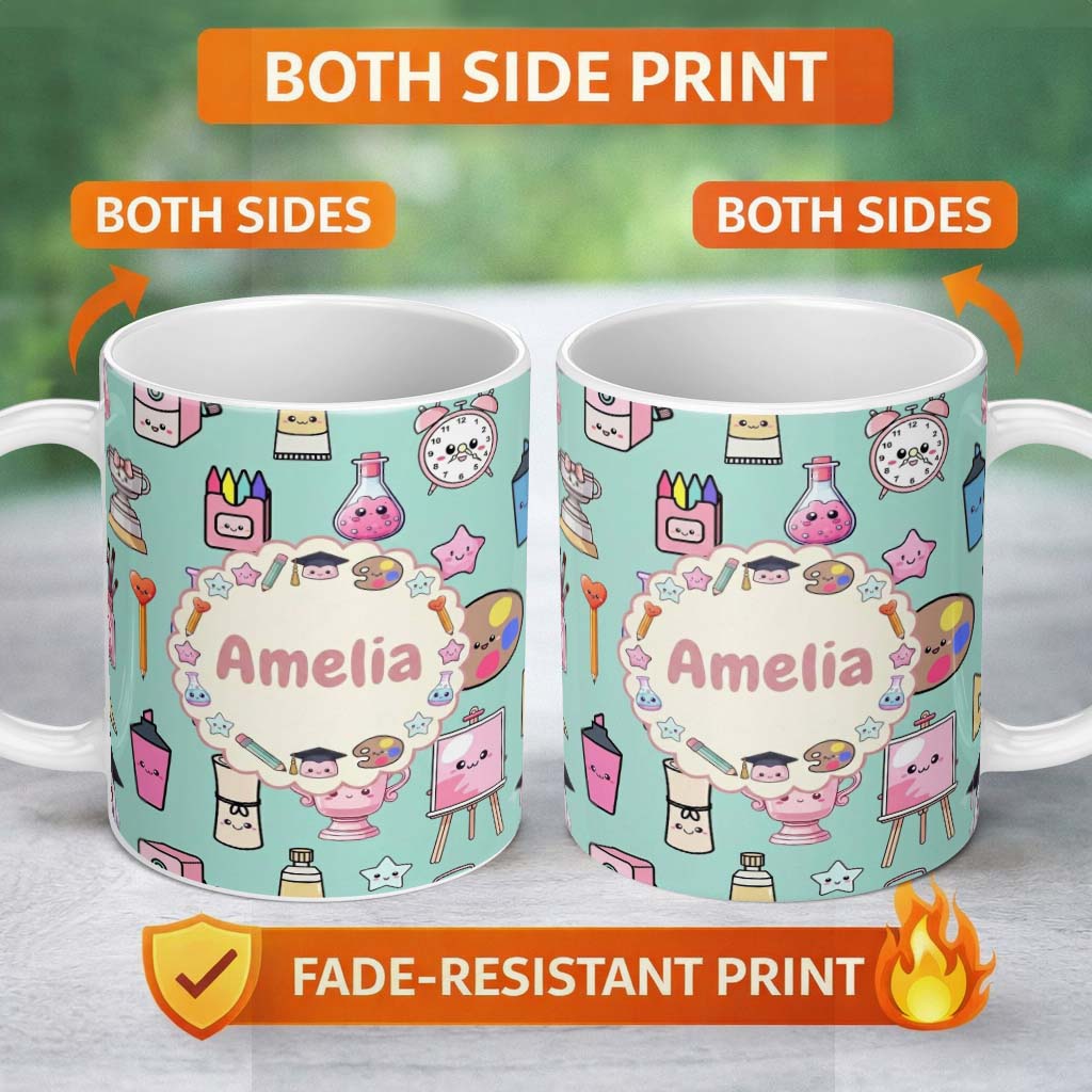 Personalized Custom Name Cute Kawaii Graduation Student Art Supplies Seamless Pattern Name 11oz Ceramic Coffee Tea Mug White Large Handle