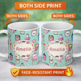 Personalized Custom Name Cute Kawaii Graduation Student Art Supplies Seamless Pattern Name 11oz Ceramic Coffee Tea Mug White Large Handle