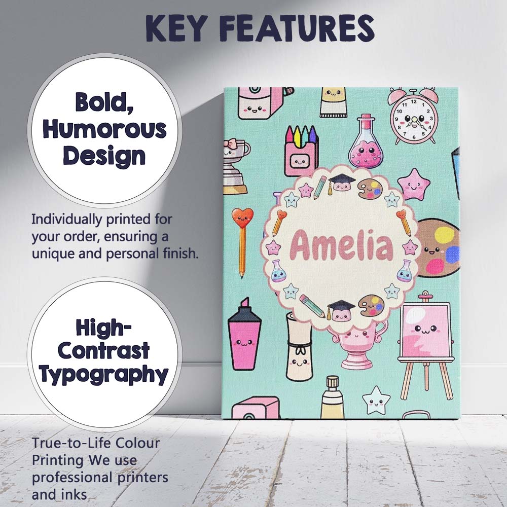 Personalised Name Cute Kawaii Graduation Custom  Unique Gift Idea Elegant Feature Canvas Wall Art Print Decor Picture Ready to Hang