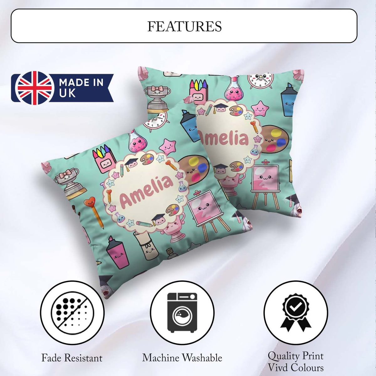Custom Name Kawaii Graduation Student Art Supplies Seamless Name Square Filled Cushion Throw Pillow Sofa Bed Home Decor Zip Washable UK Made