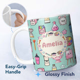 Personalized Custom Name Cute Kawaii Graduation Student Art Supplies Seamless Pattern Name 11oz Ceramic Coffee Tea Mug White Large Handle