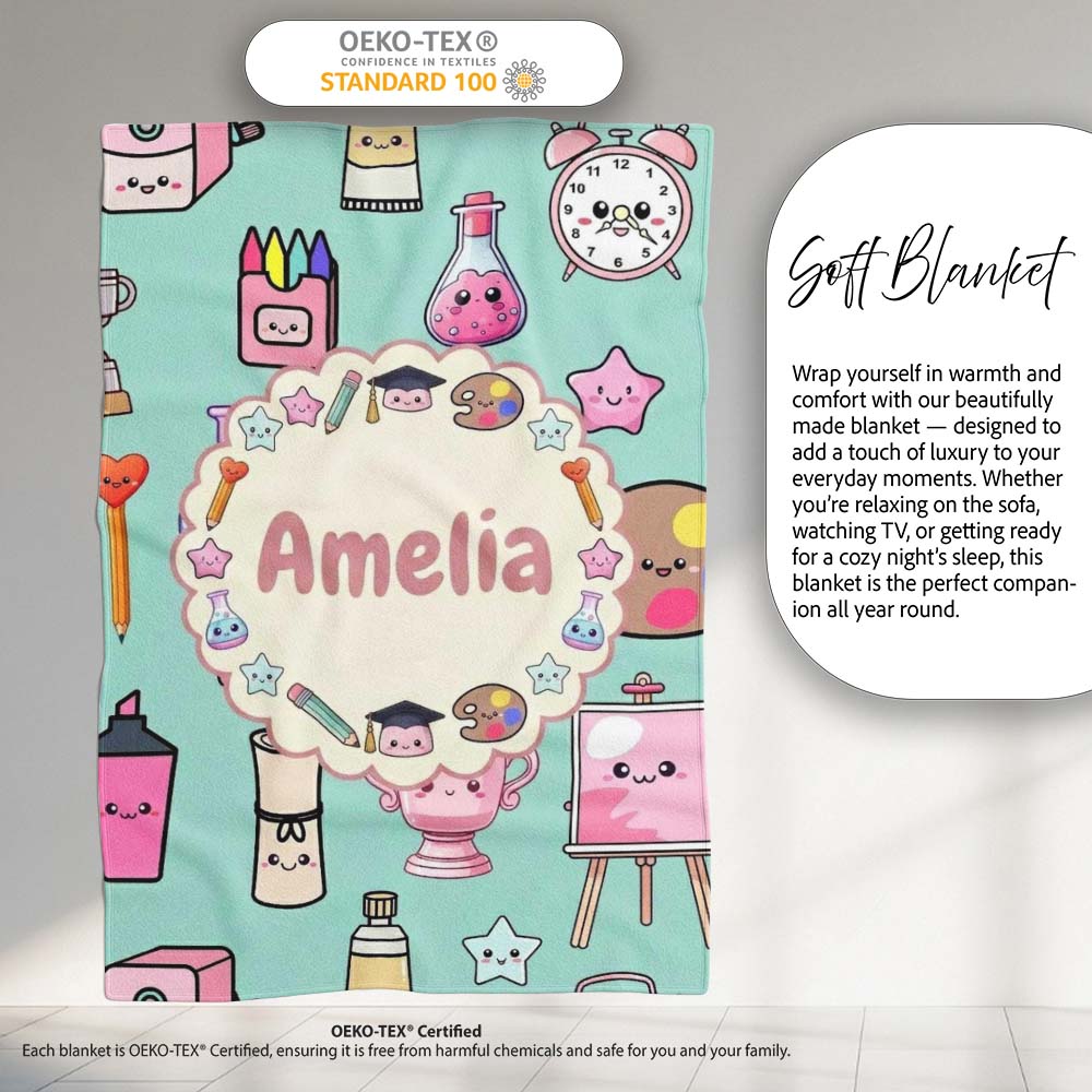 Cute Kawaii Graduation Student Art Supplies Seamless Pattern Name  Personalised Custom Name Super Soft Fleece Blanket Bed Sofa Throw