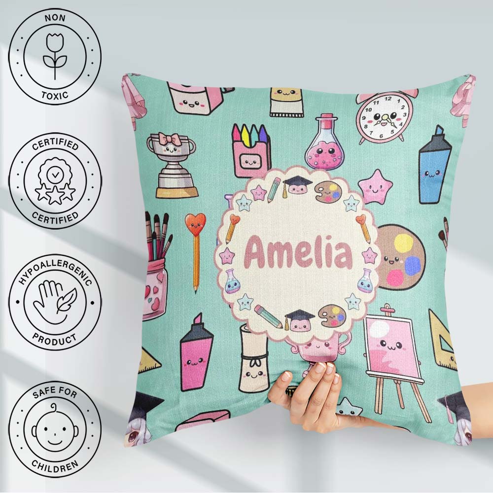 Custom Name Kawaii Graduation Student Art Supplies Seamless Name Square Filled Cushion Throw Pillow Sofa Bed Home Decor Zip Washable UK Made