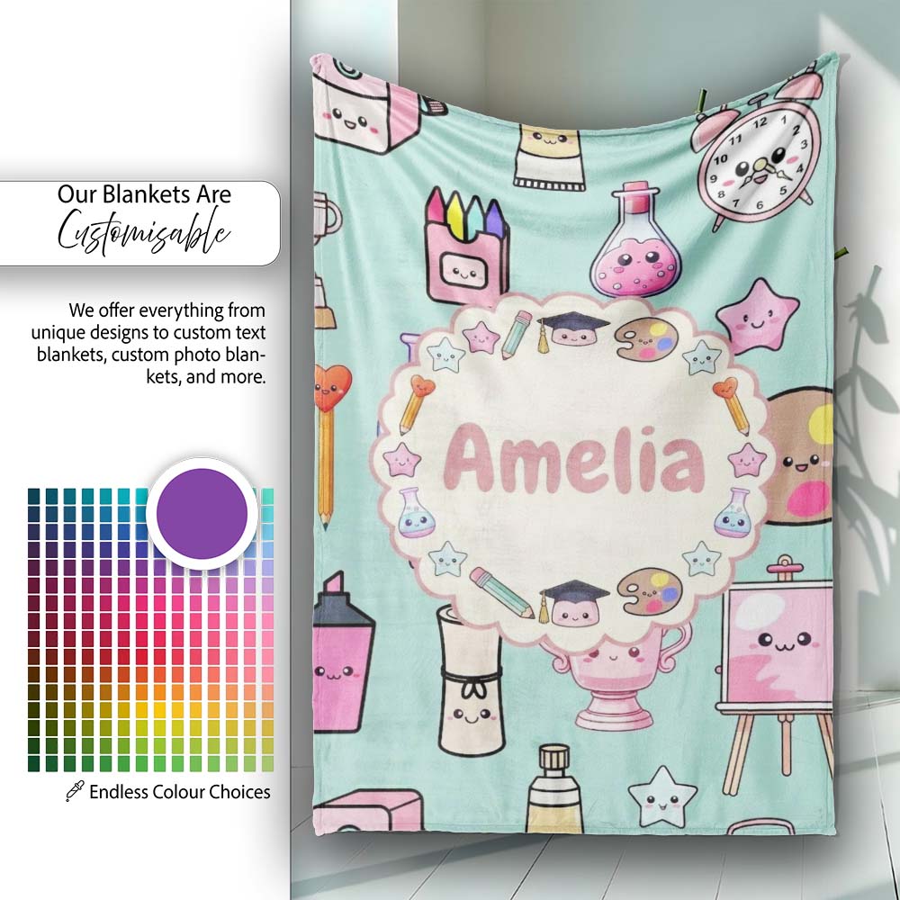Cute Kawaii Graduation Student Art Supplies Seamless Pattern Name  Personalised Custom Name Super Soft Fleece Blanket Bed Sofa Throw