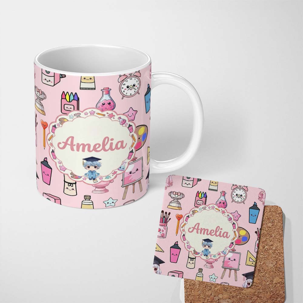 Personalized Custom Name Cute Kawaii Graduation Student Art Supplies Pink Seamless Pattern 11oz Ceramic Coffee Tea Mug White Large Handle