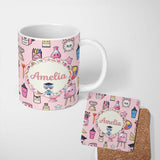 Personalized Custom Name Cute Kawaii Graduation Student Art Supplies Pink Seamless Pattern 11oz Ceramic Coffee Tea Mug White Large Handle