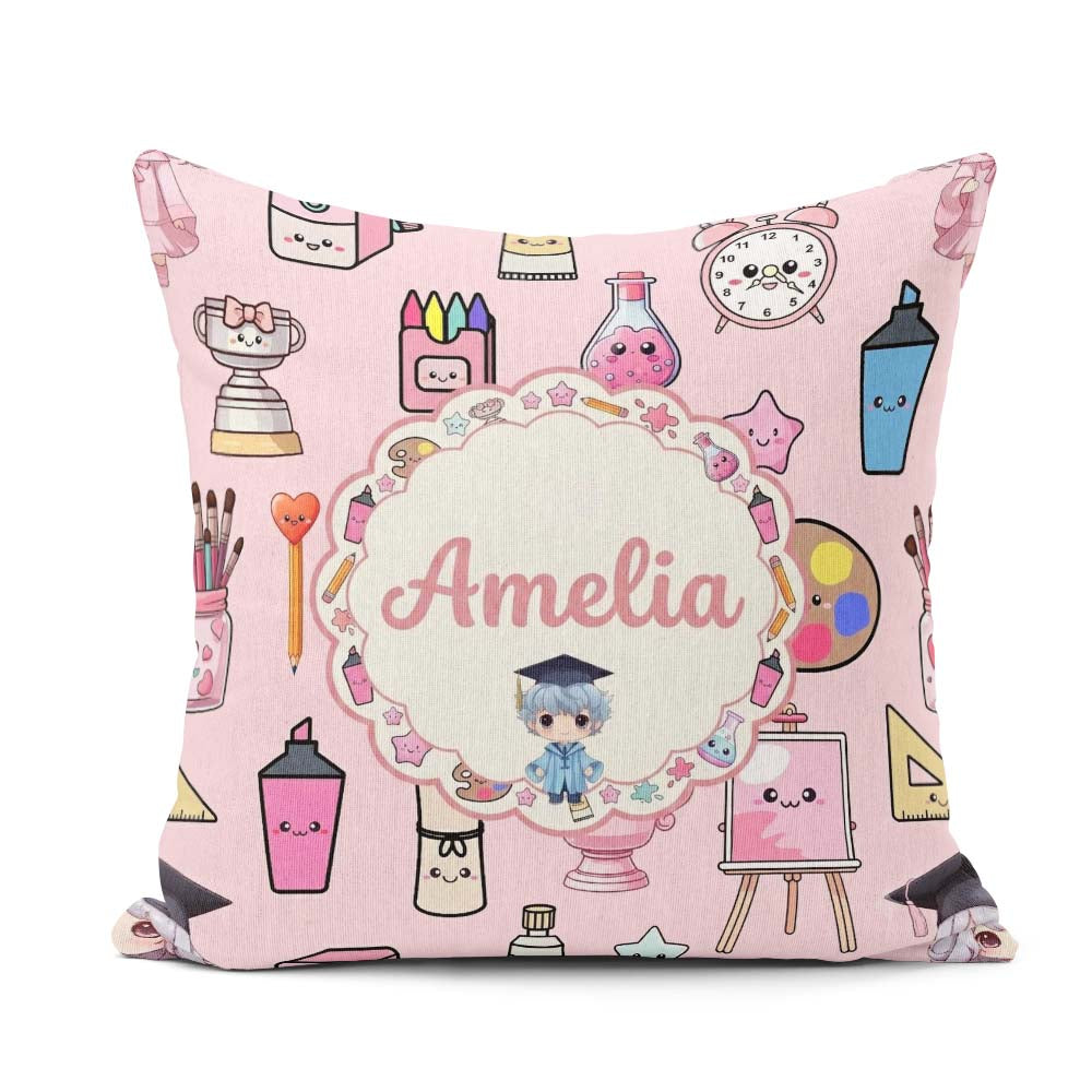 Custom Name Kawaii Graduation Student Art Supplies Pink Seamless Square Filled Cushion Throw Pillow Sofa Bed Home Decor Zip Washable UK Made