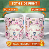 Personalized Custom Name Cute Kawaii Graduation Student Art Supplies Pink Seamless Pattern 11oz Ceramic Coffee Tea Mug White Large Handle