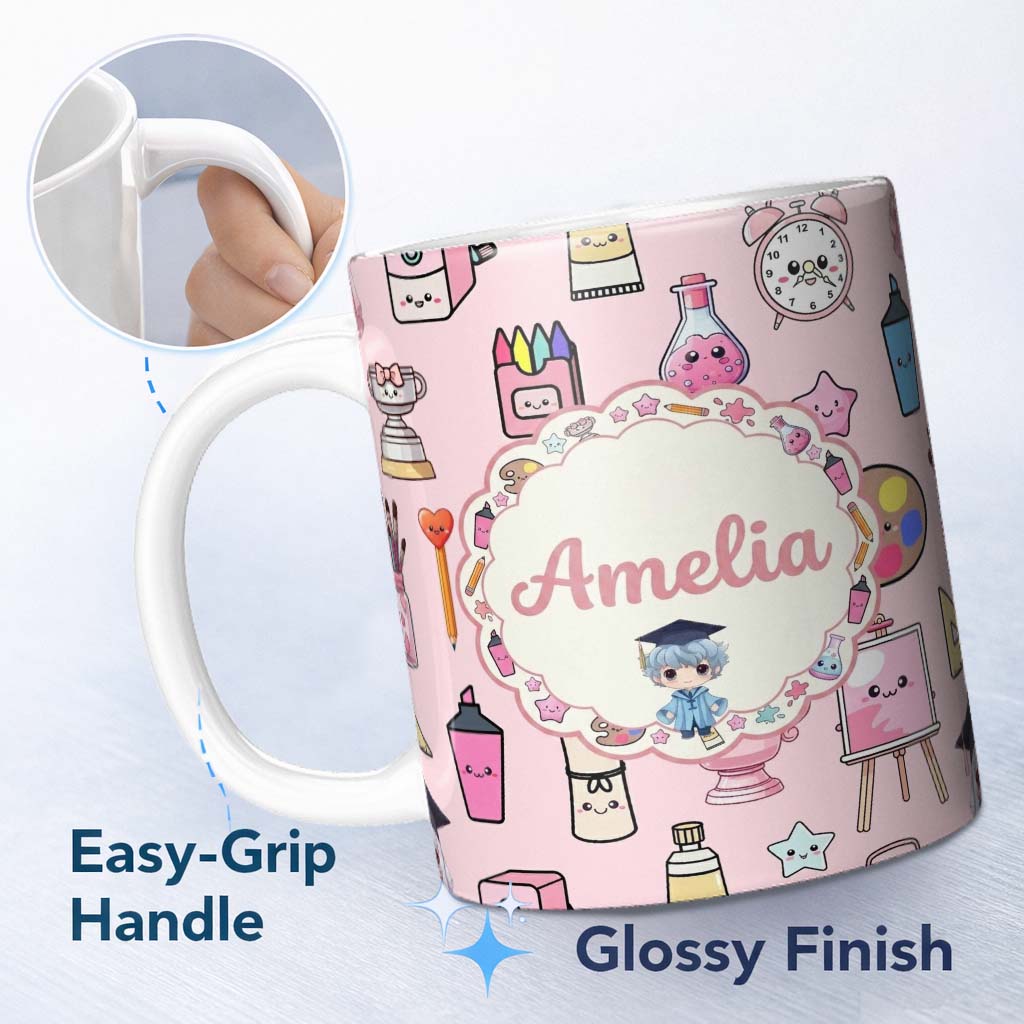 Personalized Custom Name Cute Kawaii Graduation Student Art Supplies Pink Seamless Pattern 11oz Ceramic Coffee Tea Mug White Large Handle