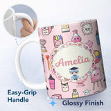 Personalized Custom Name Cute Kawaii Graduation Student Art Supplies Pink Seamless Pattern 11oz Ceramic Coffee Tea Mug White Large Handle