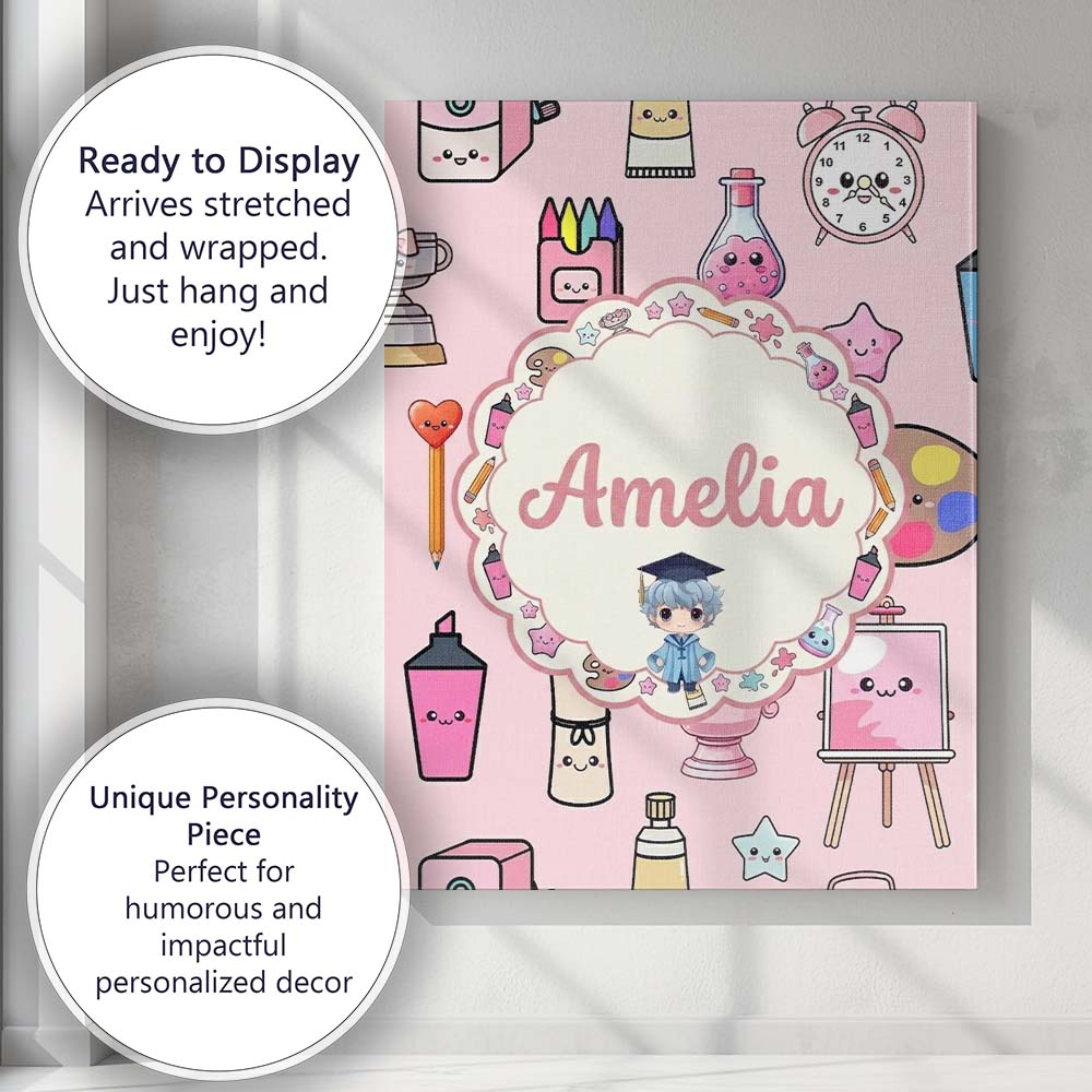 Personalised Name Cute Kawaii Graduation Custom  Unique Gift Idea Elegant Feature Canvas Wall Art Print Decor Picture Ready to Hang