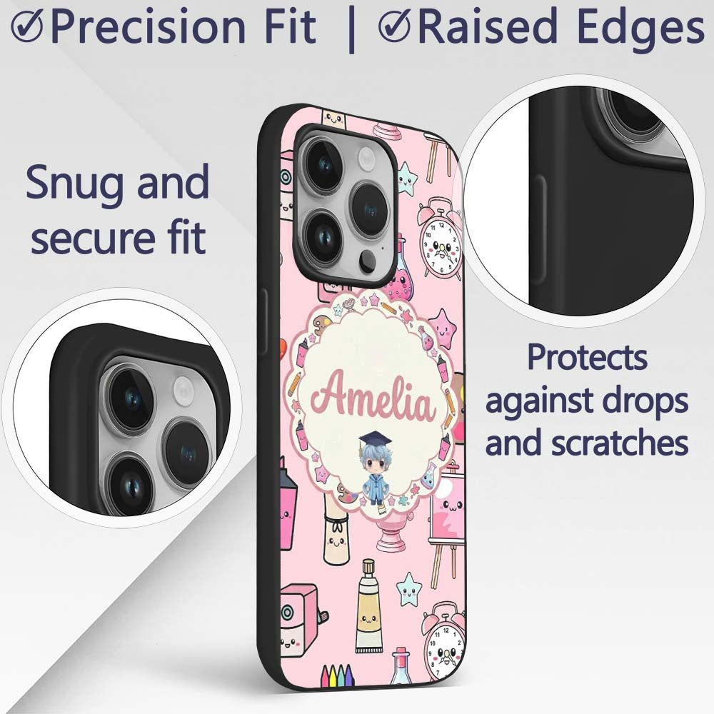 Cute Kawaii Graduation Student Art Supplies Pink Custom Name Protective Phone Case Mobile Cover Durable Everyday Smartphone Shock Resistant