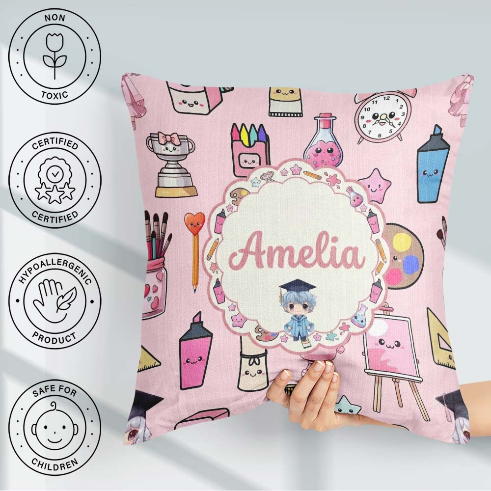 Custom Name Kawaii Graduation Student Art Supplies Pink Seamless Square Filled Cushion Throw Pillow Sofa Bed Home Decor Zip Washable UK Made