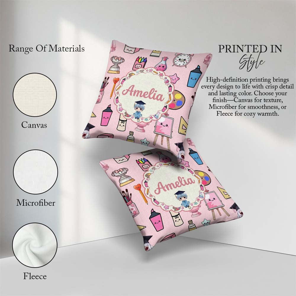 Custom Name Kawaii Graduation Student Art Supplies Pink Seamless Square Filled Cushion Throw Pillow Sofa Bed Home Decor Zip Washable UK Made