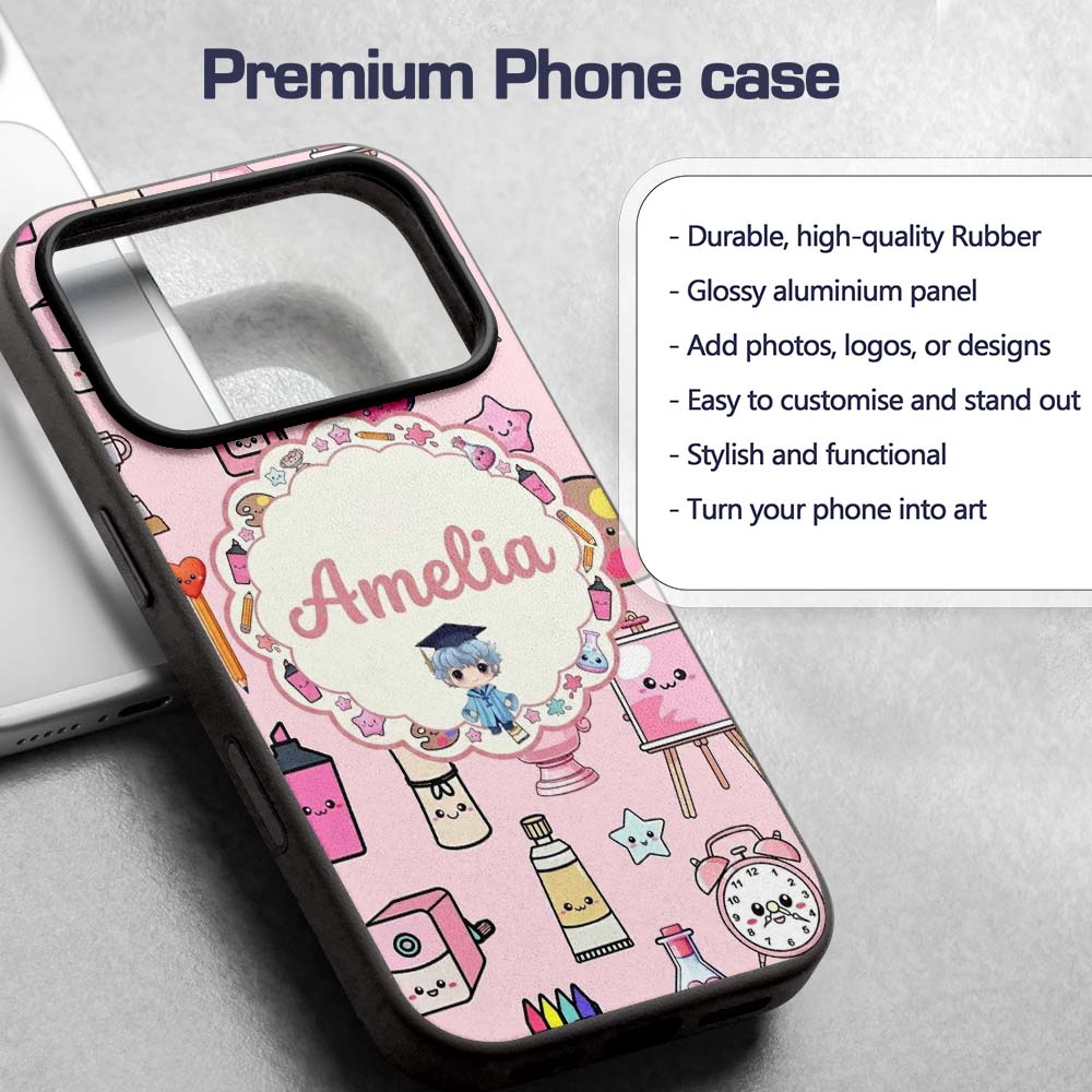 Cute Kawaii Graduation Student Art Supplies Pink Custom Name Protective Phone Case Mobile Cover Durable Everyday Smartphone Shock Resistant