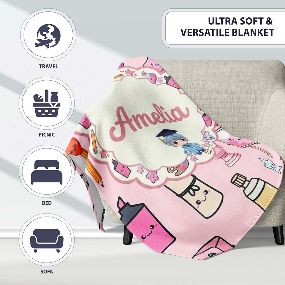 Cute Kawaii Graduation Student Art Supplies Pink Seamless Pattern  Personalised Custom Name Super Soft Fleece Blanket Bed Sofa Throw