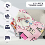Cute Kawaii Graduation Student Art Supplies Pink Seamless Pattern  Personalised Custom Name Super Soft Fleece Blanket Bed Sofa Throw