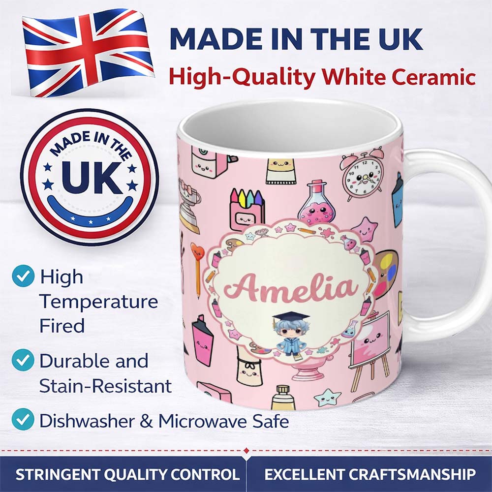 Personalized Custom Name Cute Kawaii Graduation Student Art Supplies Pink Seamless Pattern 11oz Ceramic Coffee Tea Mug White Large Handle