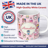 Personalized Custom Name Cute Kawaii Graduation Student Art Supplies Pink Seamless Pattern 11oz Ceramic Coffee Tea Mug White Large Handle