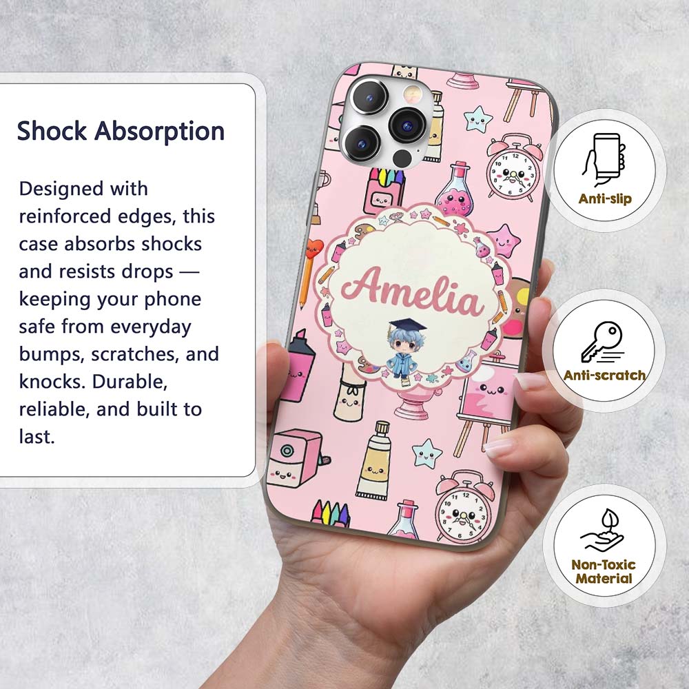 Cute Kawaii Graduation Student Art Supplies Pink Custom Name Protective Phone Case Mobile Cover Durable Everyday Smartphone Shock Resistant