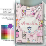Cute Kawaii Graduation Student Art Supplies Pink Seamless Pattern  Personalised Custom Name Super Soft Fleece Blanket Bed Sofa Throw