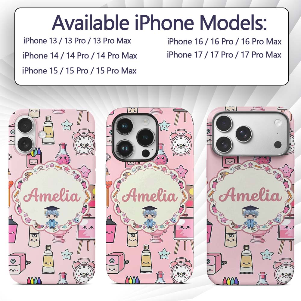 Cute Kawaii Graduation Student Art Supplies Pink Custom Name Protective Phone Case Mobile Cover Durable Everyday Smartphone Shock Resistant