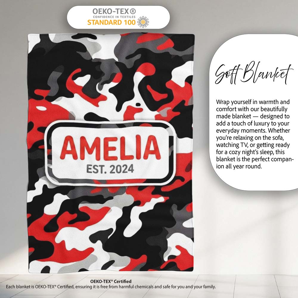 Red Black White Camouflage Bold Graphic Seamless Pattern Lovely  Personalised Custom Name Super Soft Fleece Blanket Bed Sofa Throw
