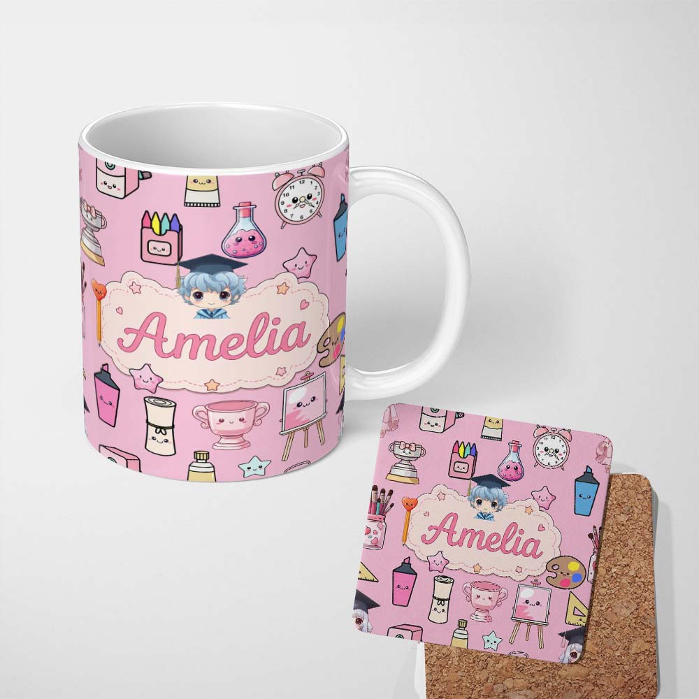 Personalized Custom Name Cute Kawaii Graduation Student Art Supplies Blush Seamless Pattern 11oz Ceramic Coffee Tea Mug White Large Handle