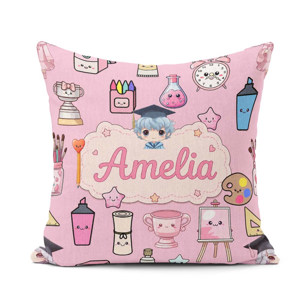 Custom Name Kawaii Graduation Student Art Supplies Blush Pattern Square Filled Cushion Throw Pillow Sofa Bed Home Decor Zip Washable UK Made