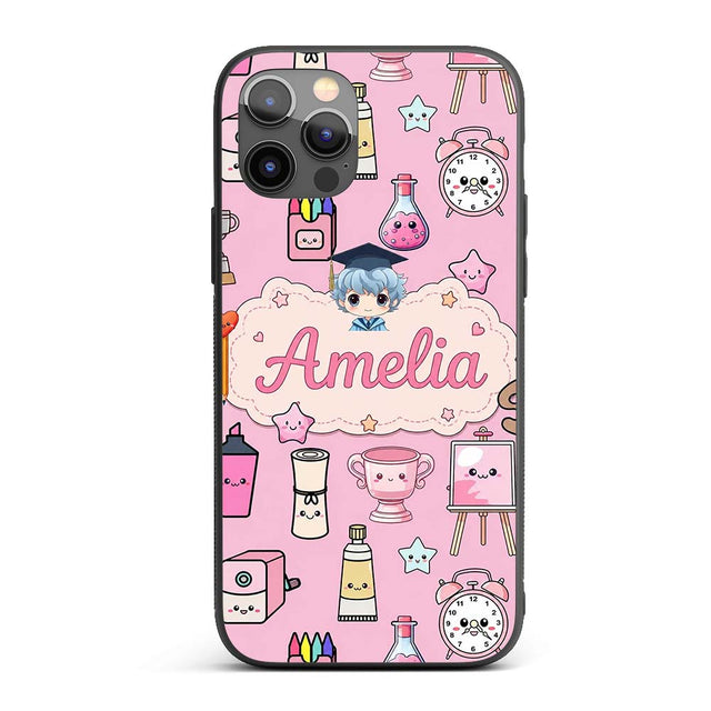 Cute Kawaii Graduation Student Art Supplies Blush Custom Name Protective Phone Case Mobile Cover Durable Everyday Smartphone Shock Resistant