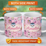 Personalized Custom Name Cute Kawaii Graduation Student Art Supplies Blush Seamless Pattern 11oz Ceramic Coffee Tea Mug White Large Handle