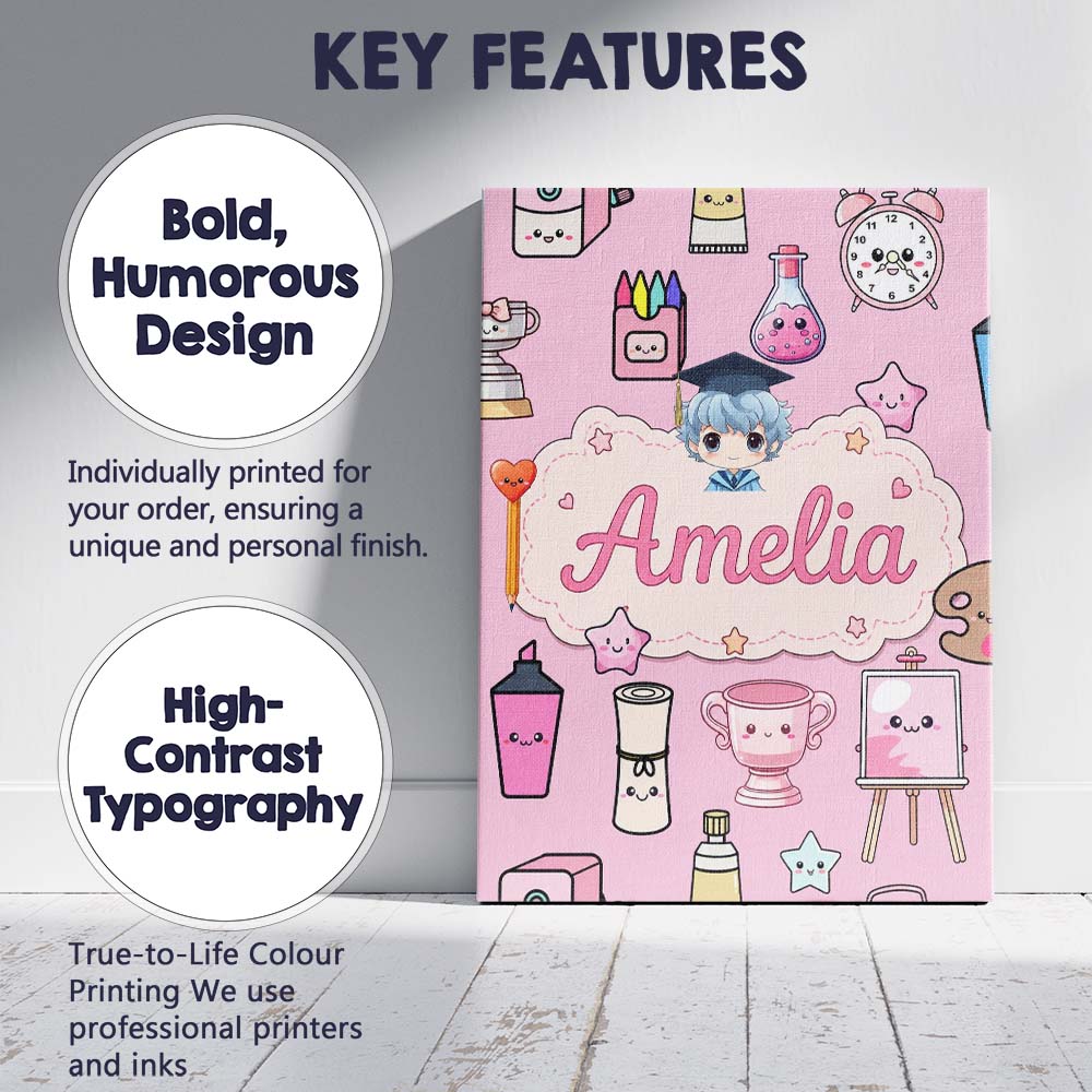 Personalised Name Cute Kawaii Graduation Custom  Unique Gift Idea Elegant Feature Canvas Wall Art Print Decor Picture Ready to Hang