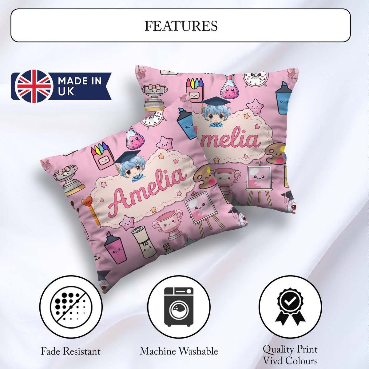 Custom Name Kawaii Graduation Student Art Supplies Blush Pattern Square Filled Cushion Throw Pillow Sofa Bed Home Decor Zip Washable UK Made