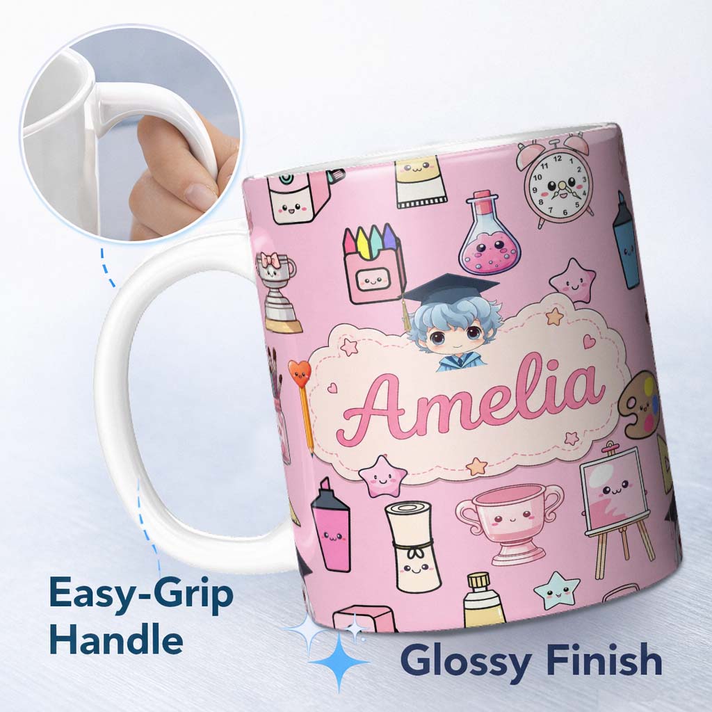 Personalized Custom Name Cute Kawaii Graduation Student Art Supplies Blush Seamless Pattern 11oz Ceramic Coffee Tea Mug White Large Handle