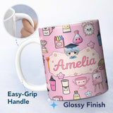 Personalized Custom Name Cute Kawaii Graduation Student Art Supplies Blush Seamless Pattern 11oz Ceramic Coffee Tea Mug White Large Handle