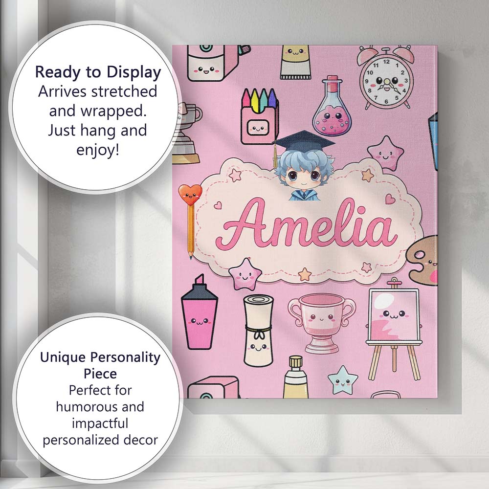 Personalised Name Cute Kawaii Graduation Custom  Unique Gift Idea Elegant Feature Canvas Wall Art Print Decor Picture Ready to Hang