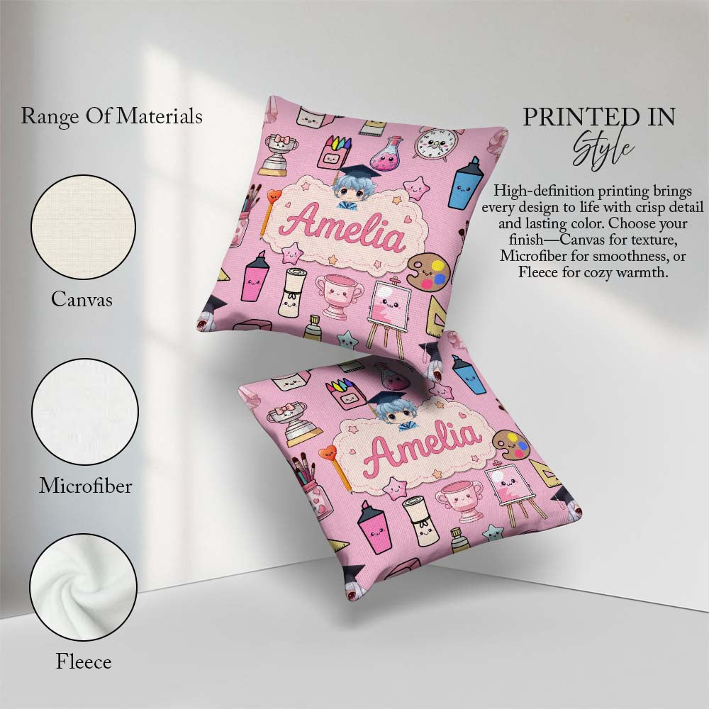 Custom Name Kawaii Graduation Student Art Supplies Blush Pattern Square Filled Cushion Throw Pillow Sofa Bed Home Decor Zip Washable UK Made