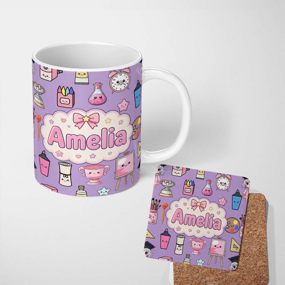 Personalized Custom Name Cute Kawaii Graduation Student Art Supplies Purple Seamless Pattern 11oz Ceramic Coffee Tea Mug White Large Handle