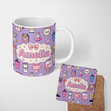 Personalized Custom Name Cute Kawaii Graduation Student Art Supplies Purple Seamless Pattern 11oz Ceramic Coffee Tea Mug White Large Handle