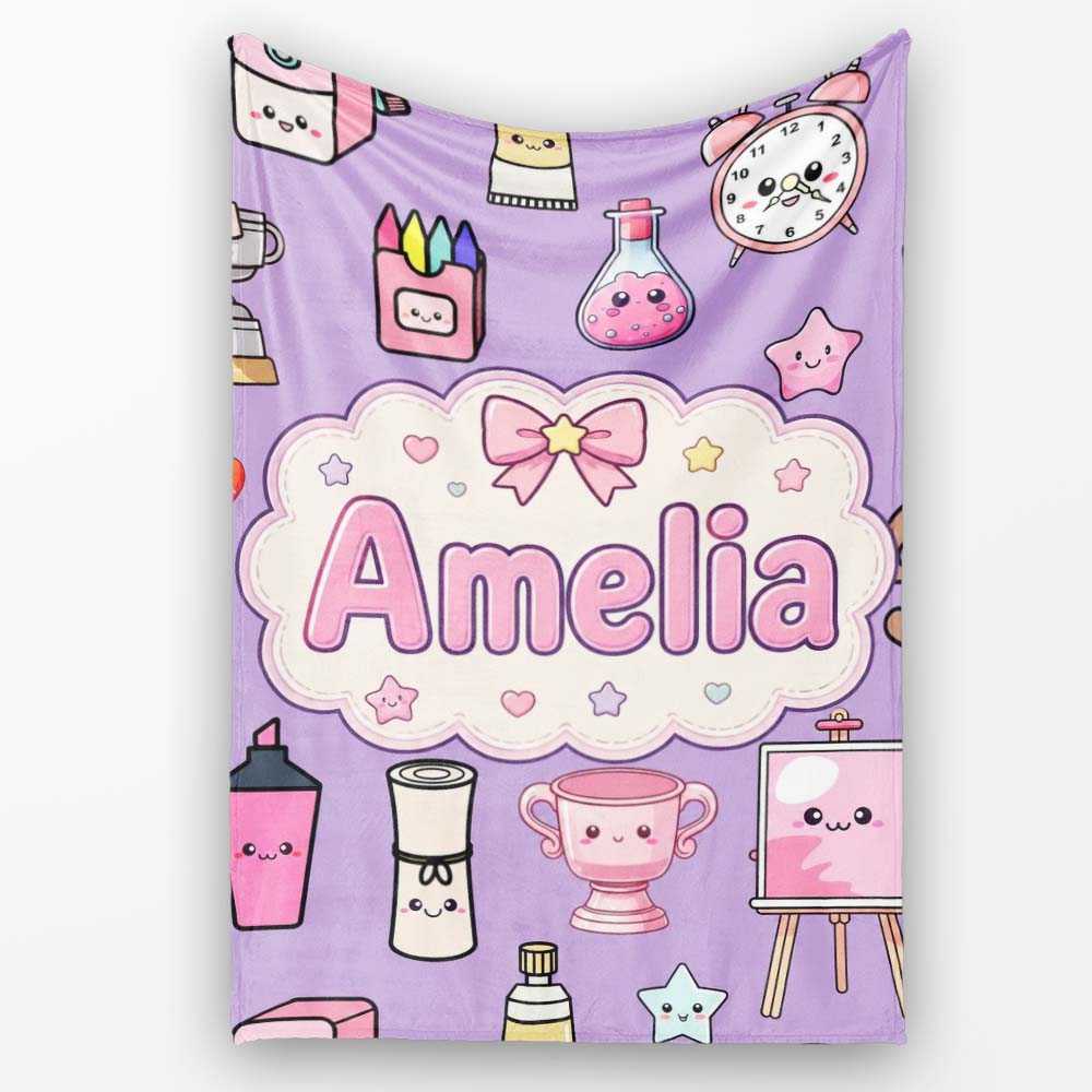 Cute Kawaii Graduation Student Art Supplies Purple Seamless Pattern  Personalised Custom Name Super Soft Fleece Blanket Bed Sofa Throw