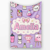 Cute Kawaii Graduation Student Art Supplies Purple Seamless Pattern  Personalised Custom Name Super Soft Fleece Blanket Bed Sofa Throw