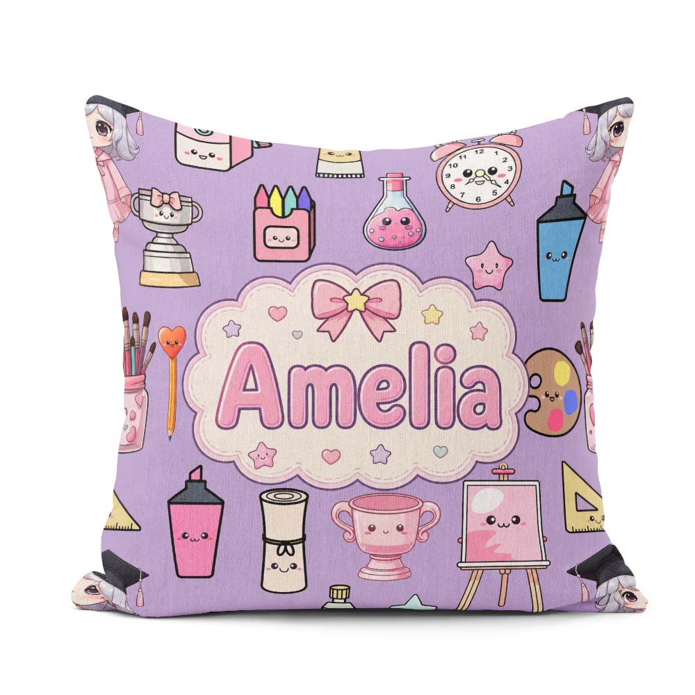 Custom Name Kawaii Student Art Supplies Purple Seamless Pattern Square Filled Cushion Throw Pillow Sofa Bed Home Decor Zip Washable UK Made