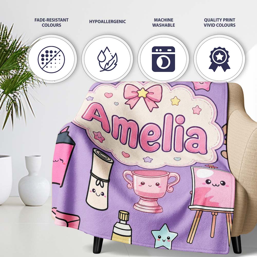 Cute Kawaii Graduation Student Art Supplies Purple Seamless Pattern  Personalised Custom Name Super Soft Fleece Blanket Bed Sofa Throw