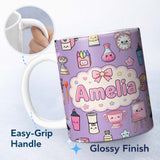 Personalized Custom Name Cute Kawaii Graduation Student Art Supplies Purple Seamless Pattern 11oz Ceramic Coffee Tea Mug White Large Handle