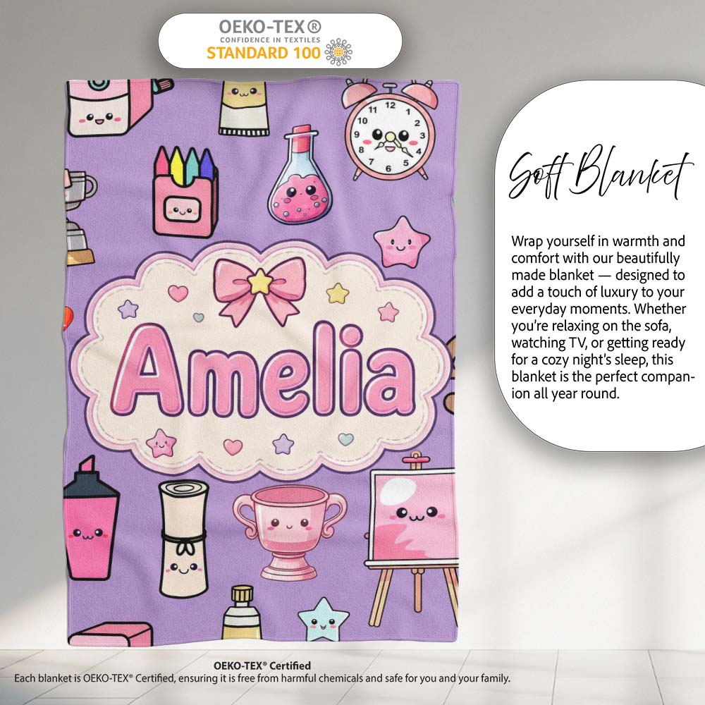 Cute Kawaii Graduation Student Art Supplies Purple Seamless Pattern  Personalised Custom Name Super Soft Fleece Blanket Bed Sofa Throw