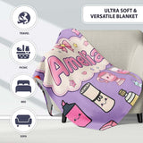 Cute Kawaii Graduation Student Art Supplies Purple Seamless Pattern  Personalised Custom Name Super Soft Fleece Blanket Bed Sofa Throw